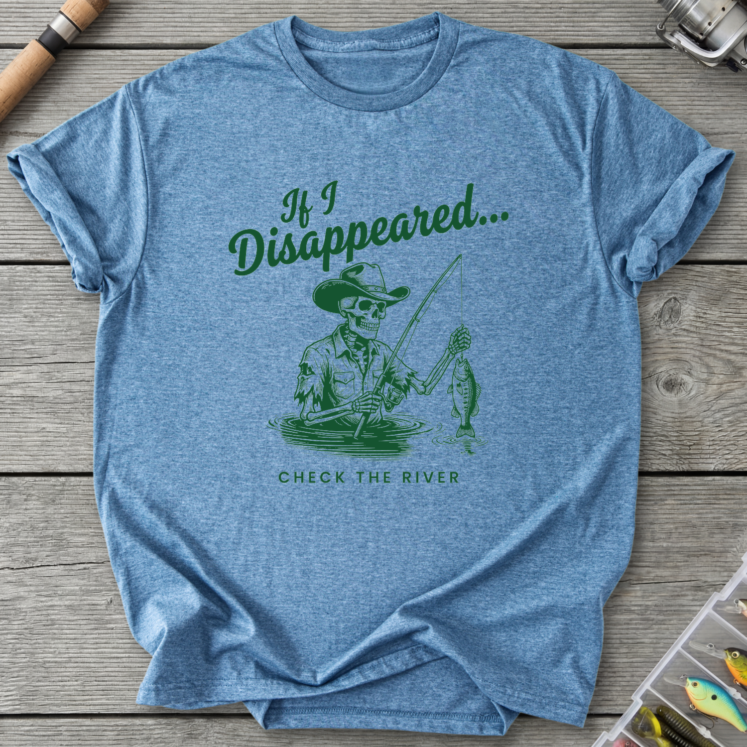 Skeleton Cowboy Fishing T-Shirt in Heather Indigo | River Giants Club