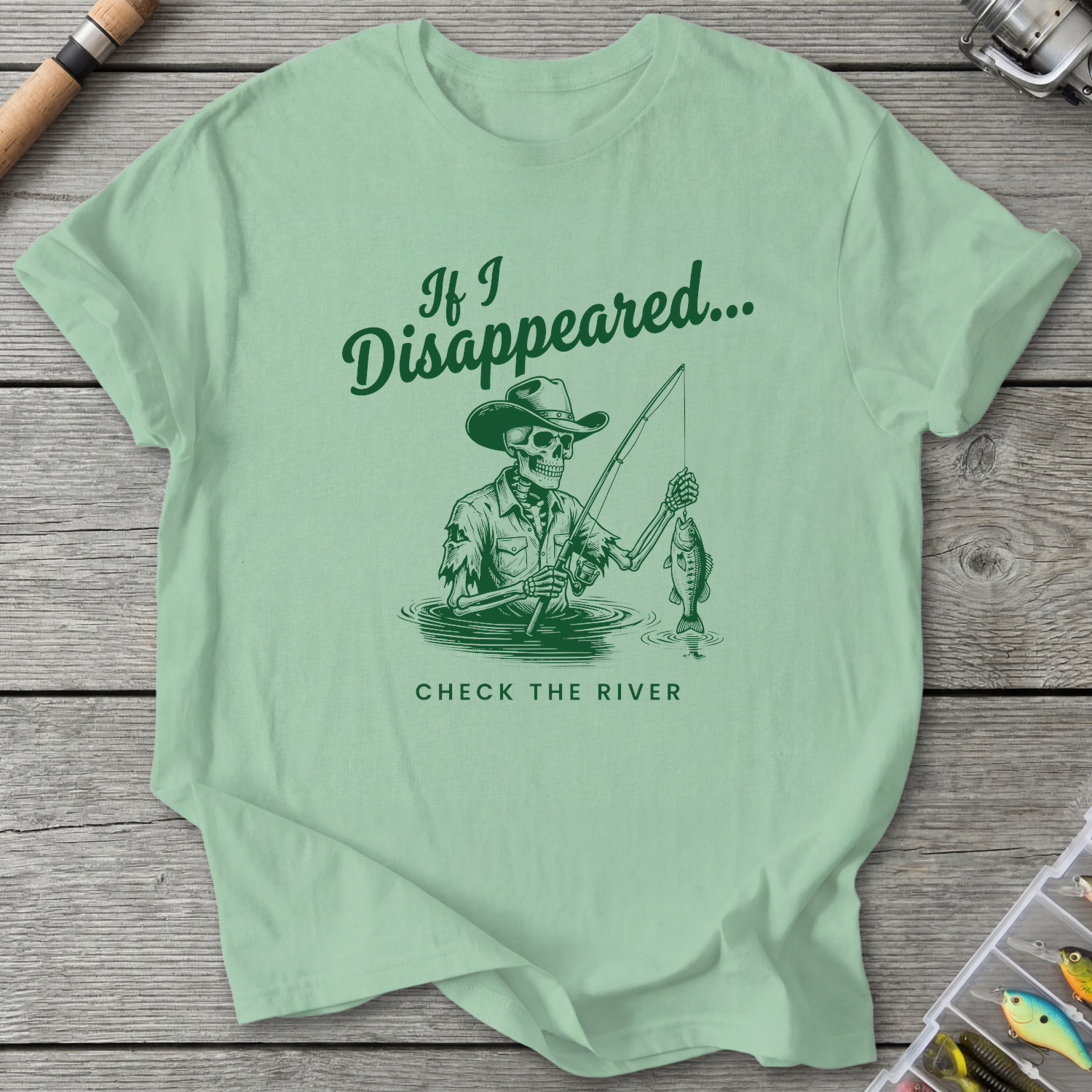 Skeleton Cowboy Fishing T-Shirt in Mint Green | River Giants Club