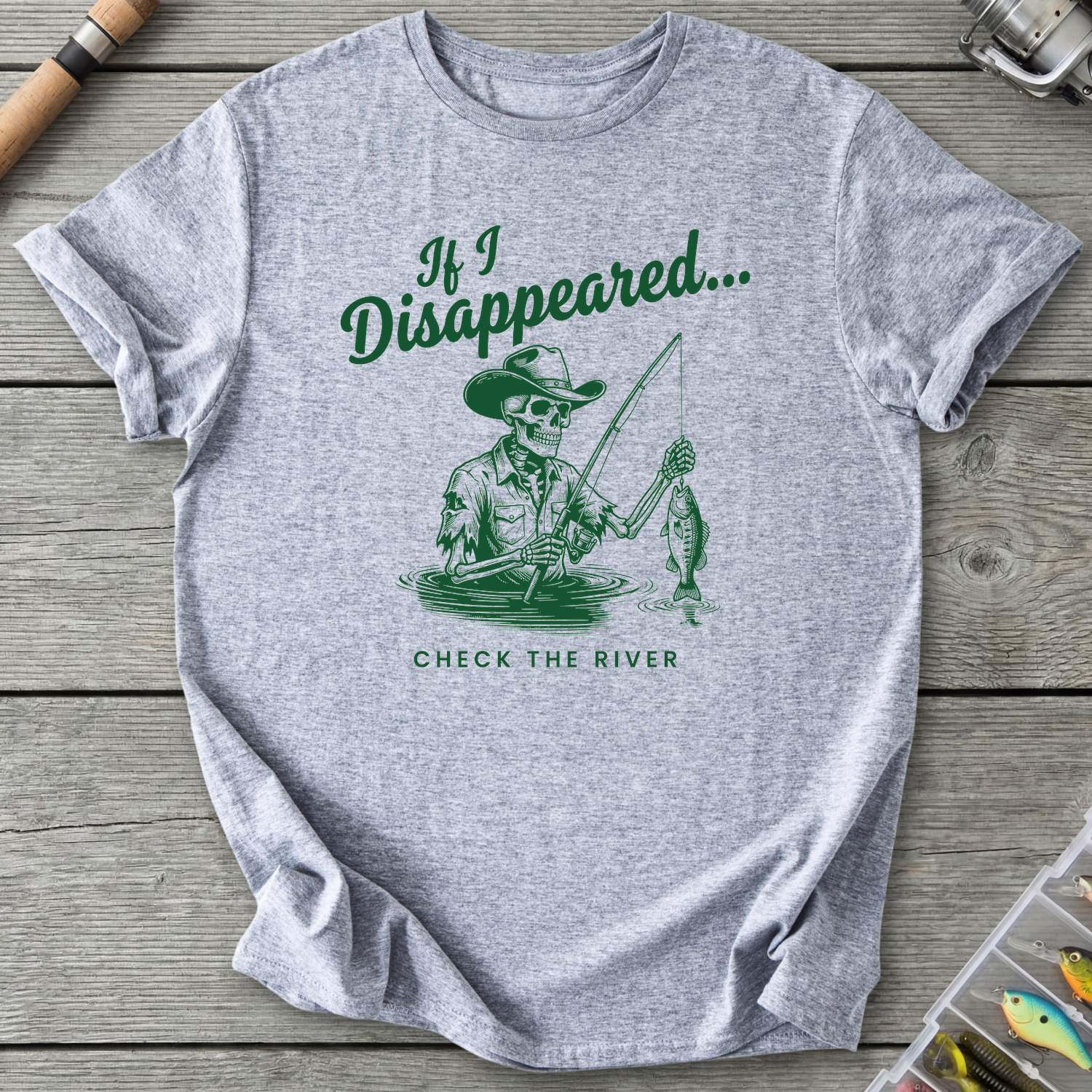 Skeleton Cowboy Fishing T-Shirt in Sport Grey | River Giants Club