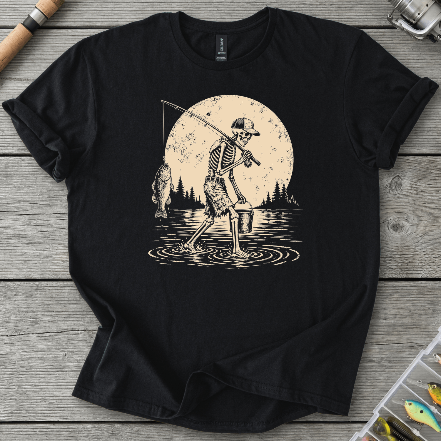 Skeleton Go Fishing T-Shirt in Black | River Giants Club