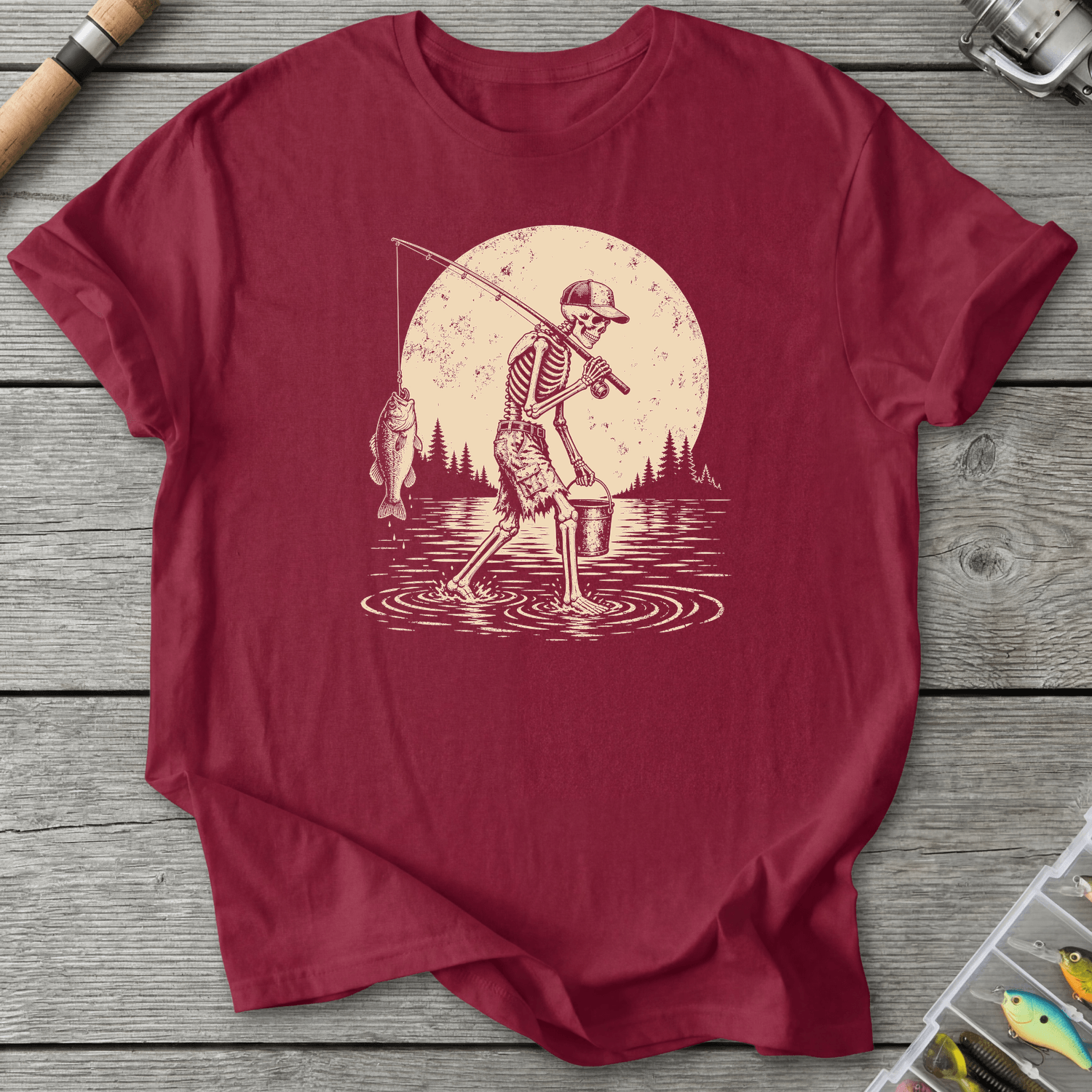 Skeleton Go Fishing T-Shirt in Cardinal Red | River Giants Club