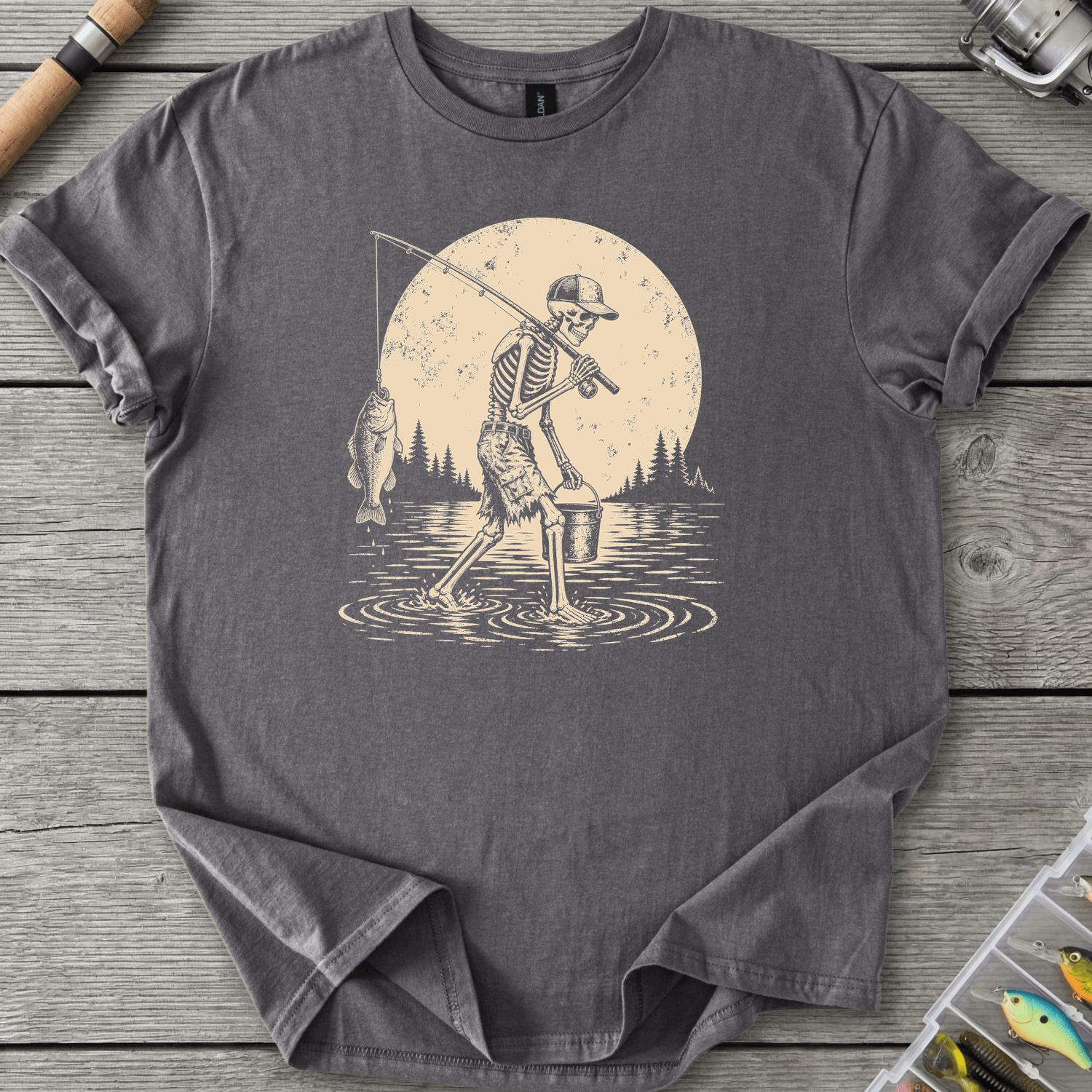 Skeleton Go Fishing T-Shirt in Charcoal | River Giants Club