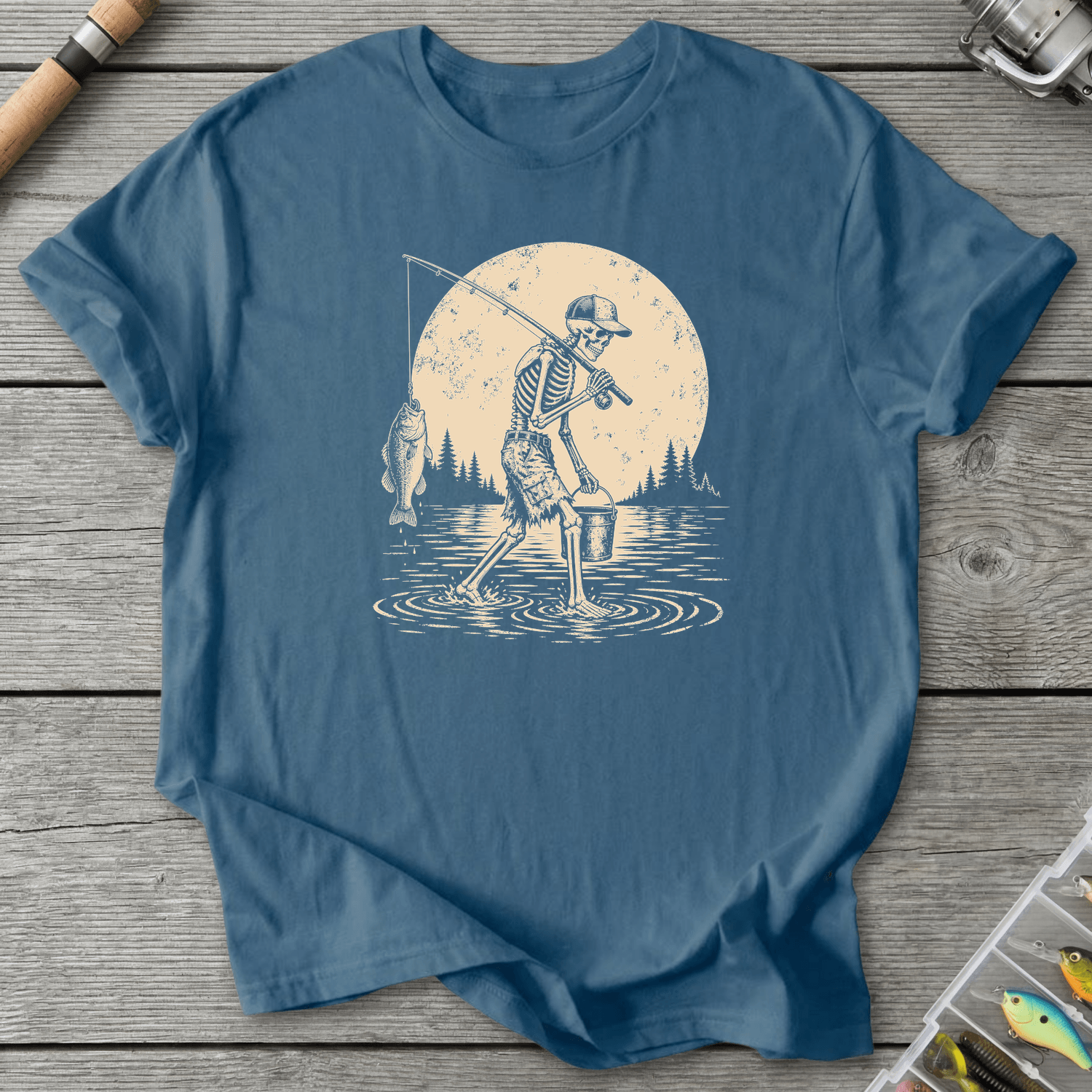 Skeleton Go Fishing T-Shirt in Indigo Blue | River Giants Club