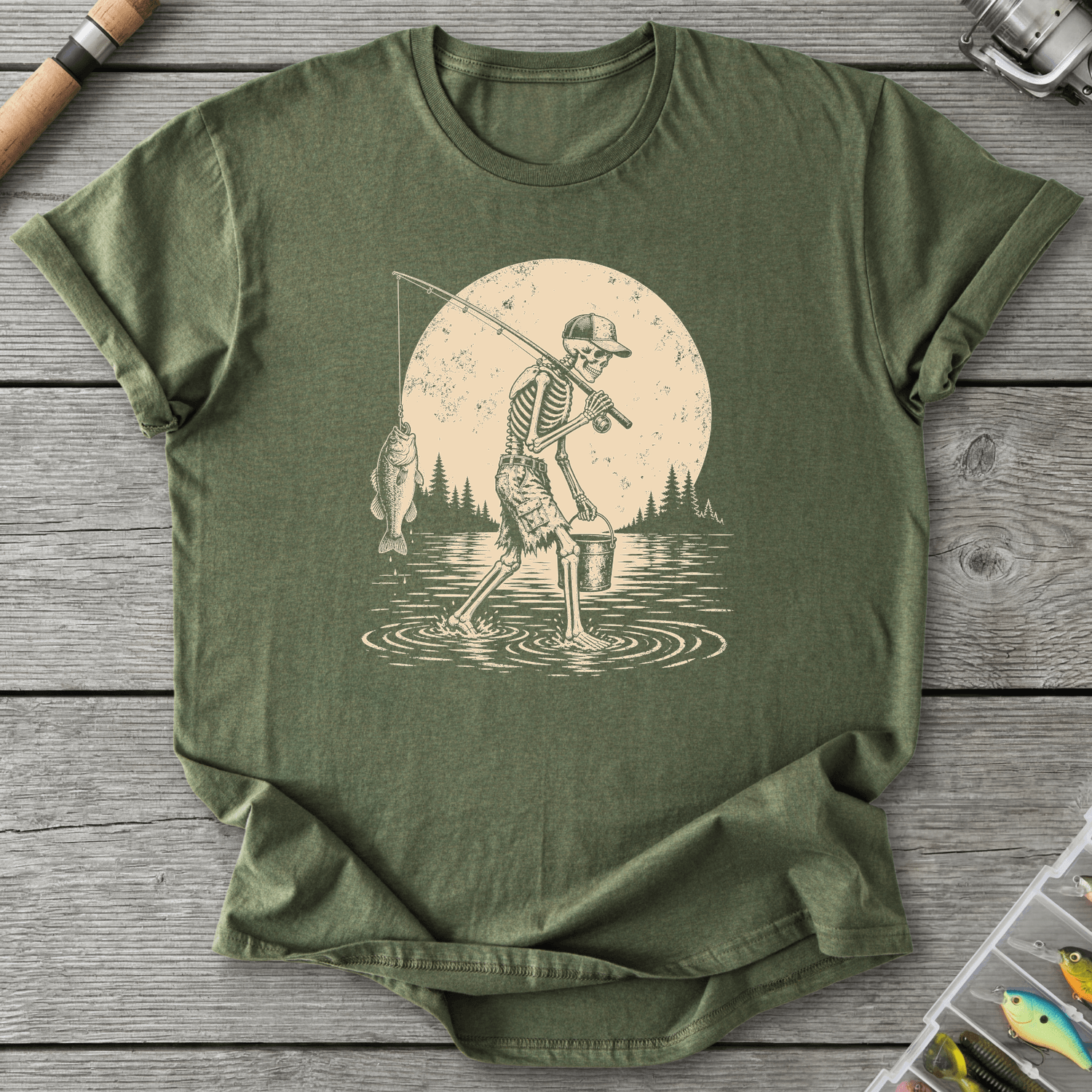 Skeleton Go Fishing T-Shirt in Military Green | River Giants Club