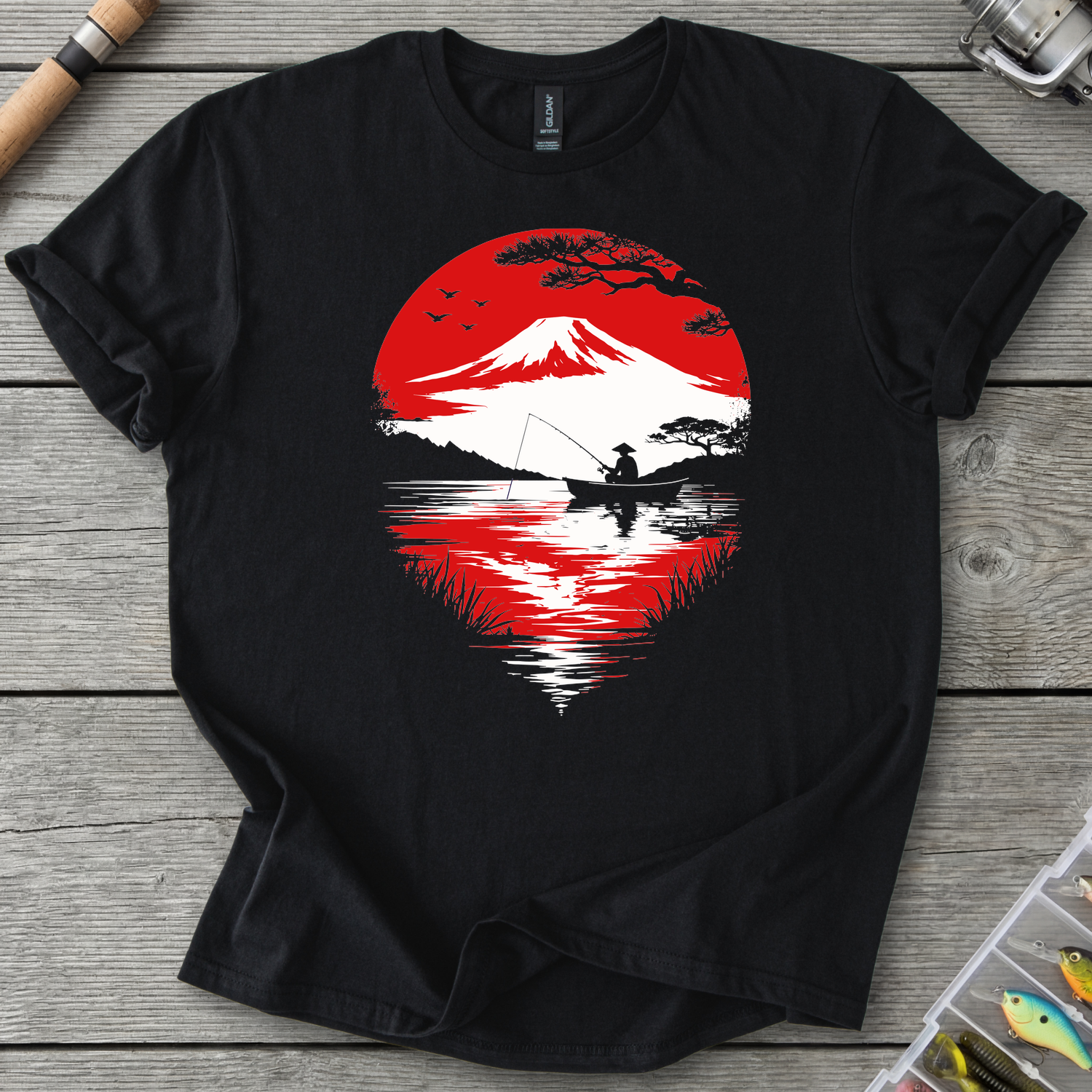 Sunset Fishing Japan Art T-Shirt in Black | River Giants Club