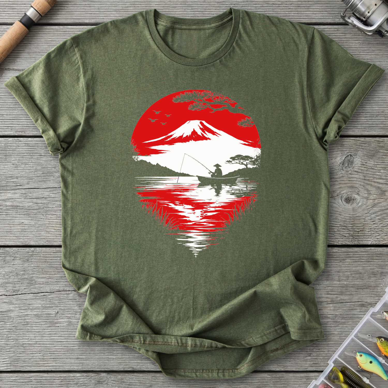 Sunset Fishing Japan Art T-Shirt in Military Green | River Giants Club