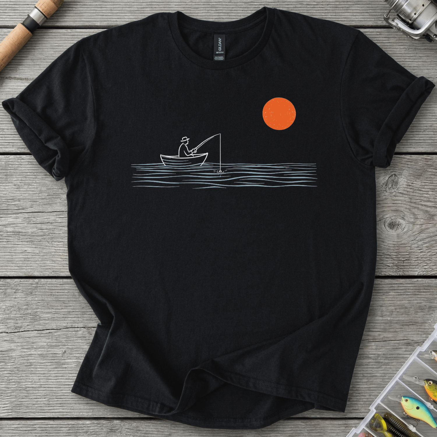 Sunset Fishing Night Rowboat T-Shirt in Black | River Giants Club