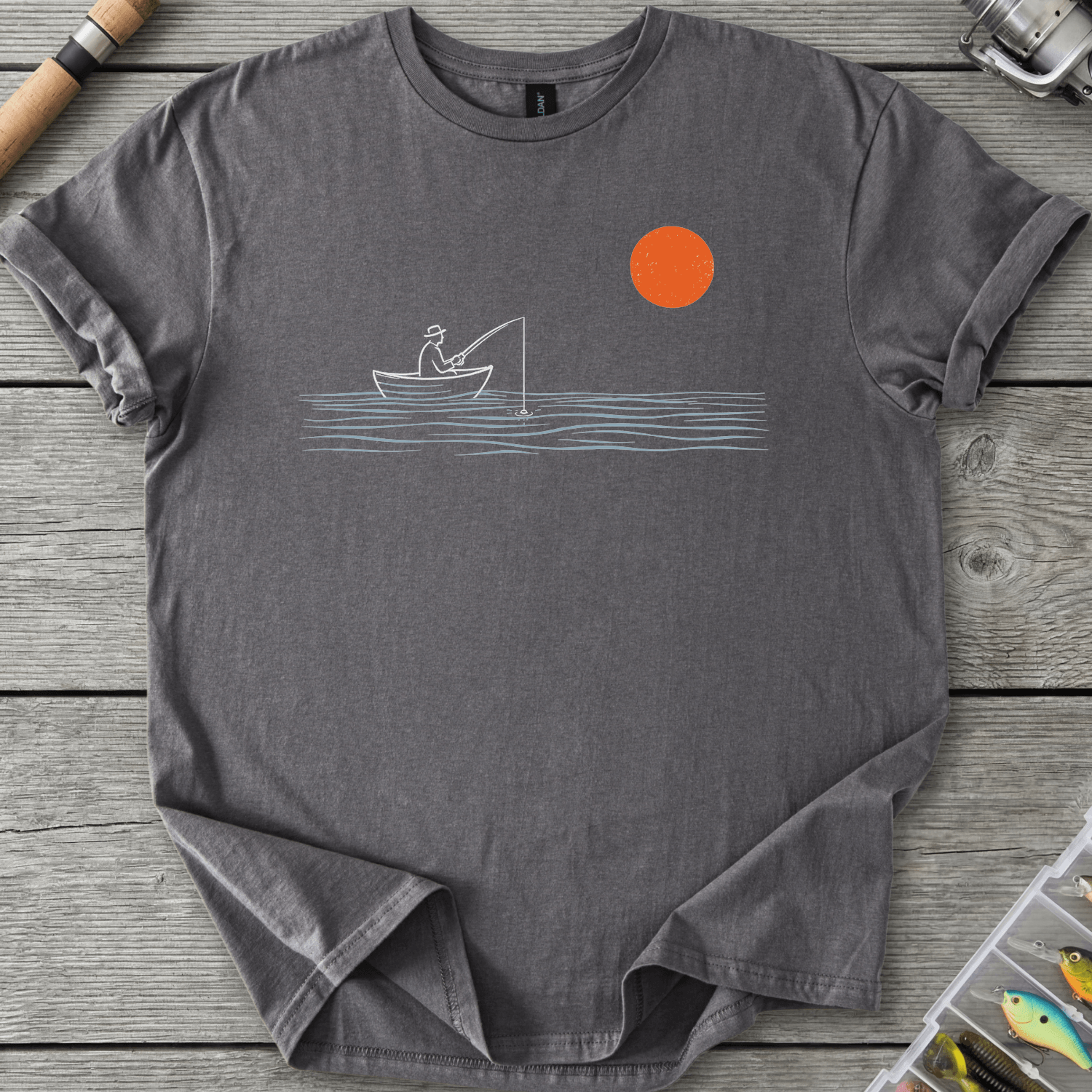 Sunset Fishing Night Rowboat T-Shirt in Charcoal | River Giants Club