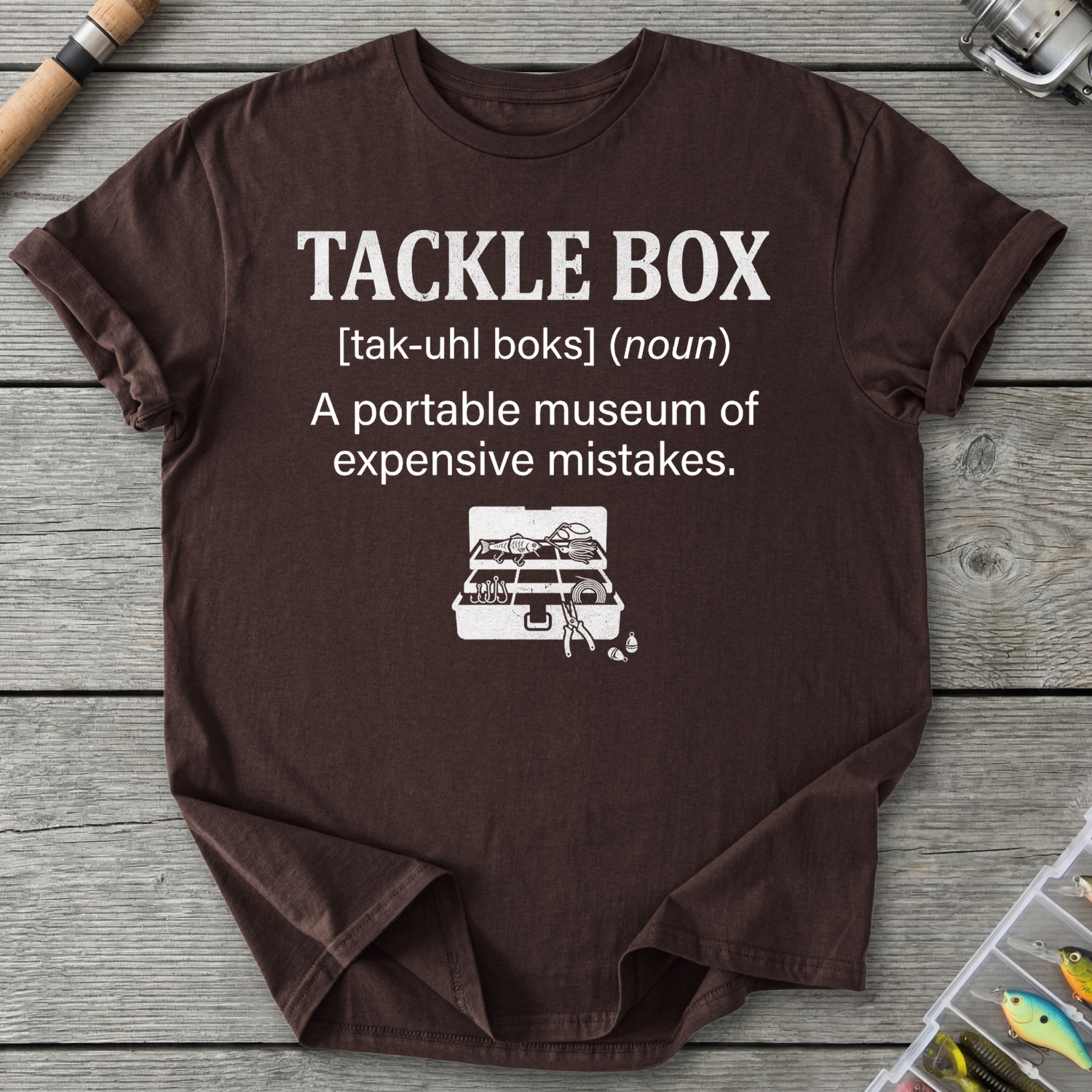 Tackle Box Expensive Mistakes T-Shirt in Dark Chocolate | River Giants Club