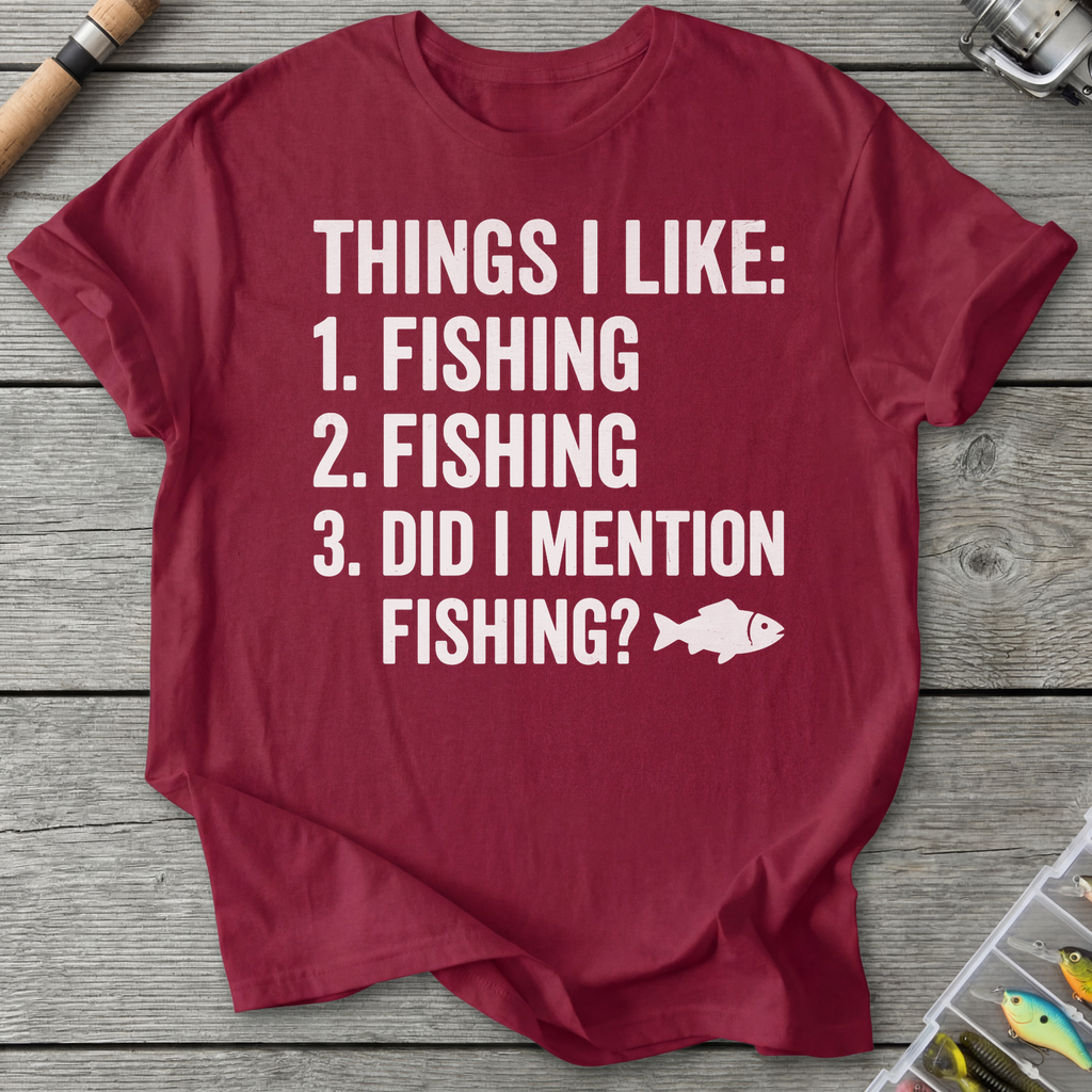 Things I Like Fishing T-Shirt in Cardinal Red | River Giants Club