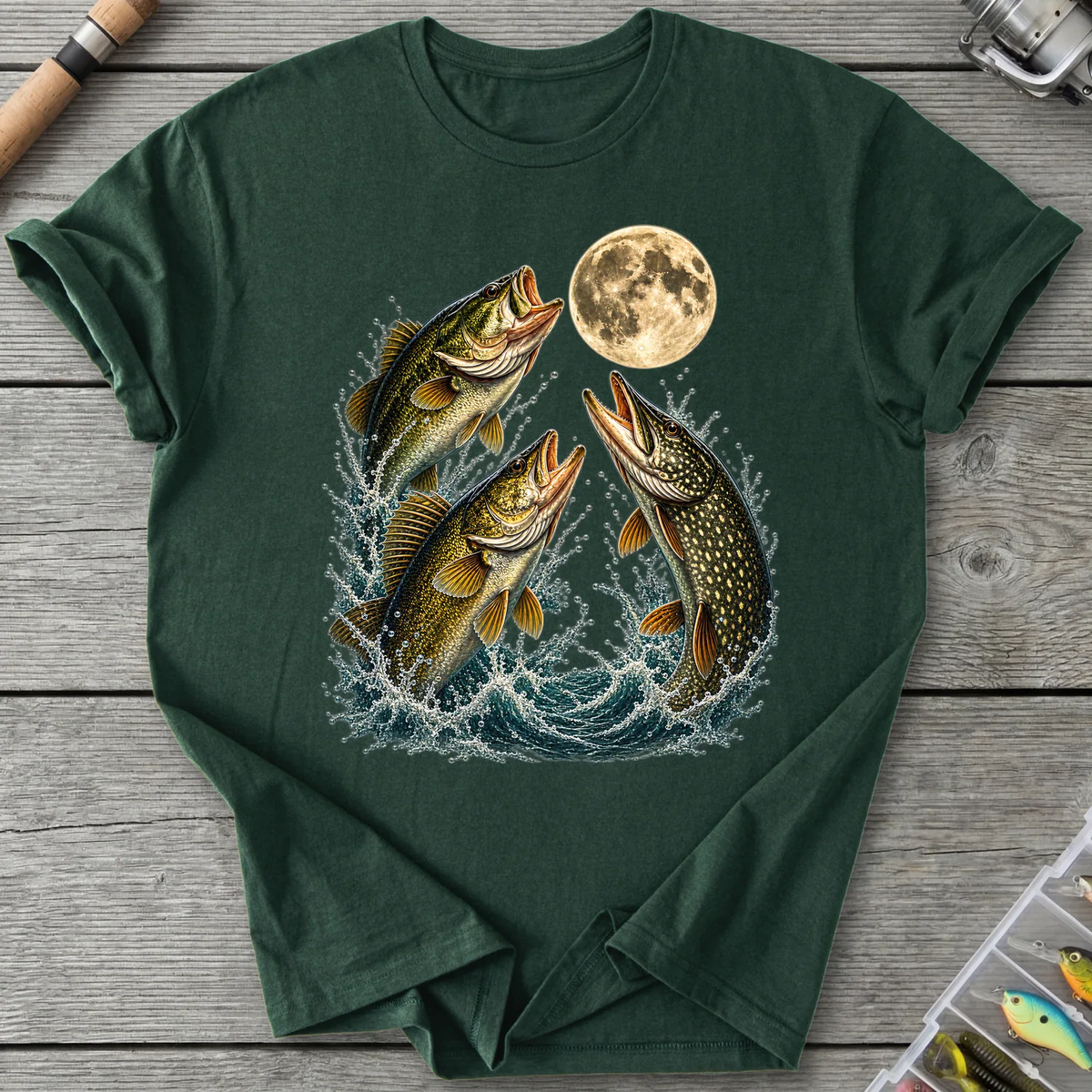 Triple Fish Full Moon T-Shirt in Forest Green | River Giants Club