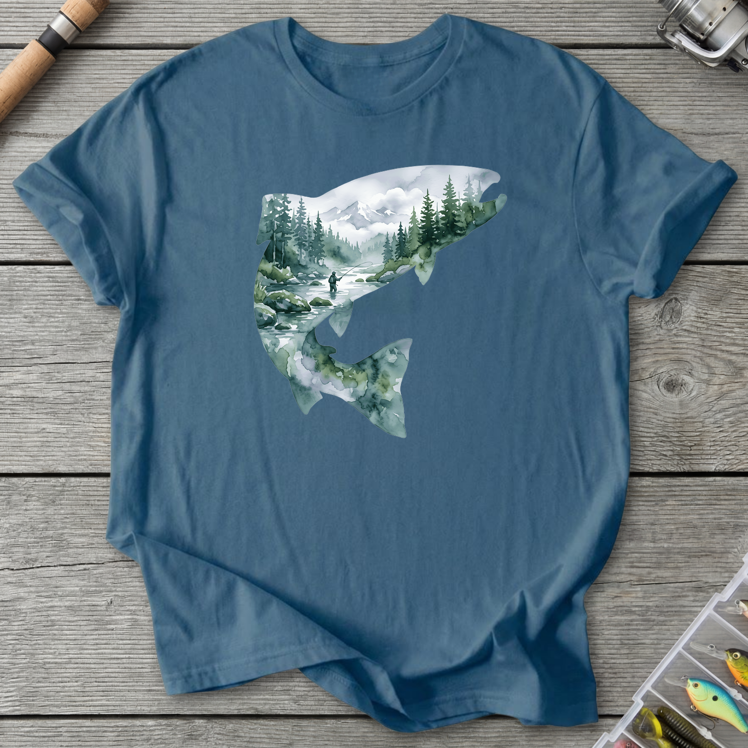 Trout Fishing Silhouette T-Shirt in Indigo Blue | River Giants Club