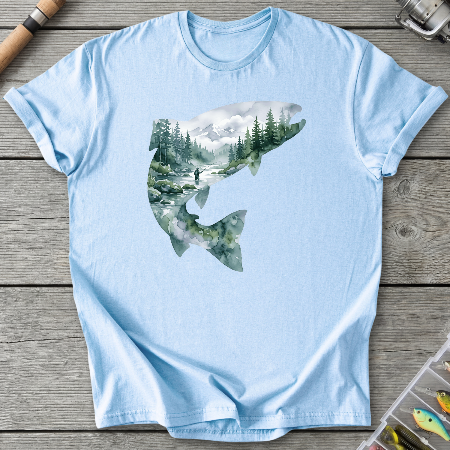 Trout Fishing Silhouette T-Shirt in Light Blue | River Giants Club