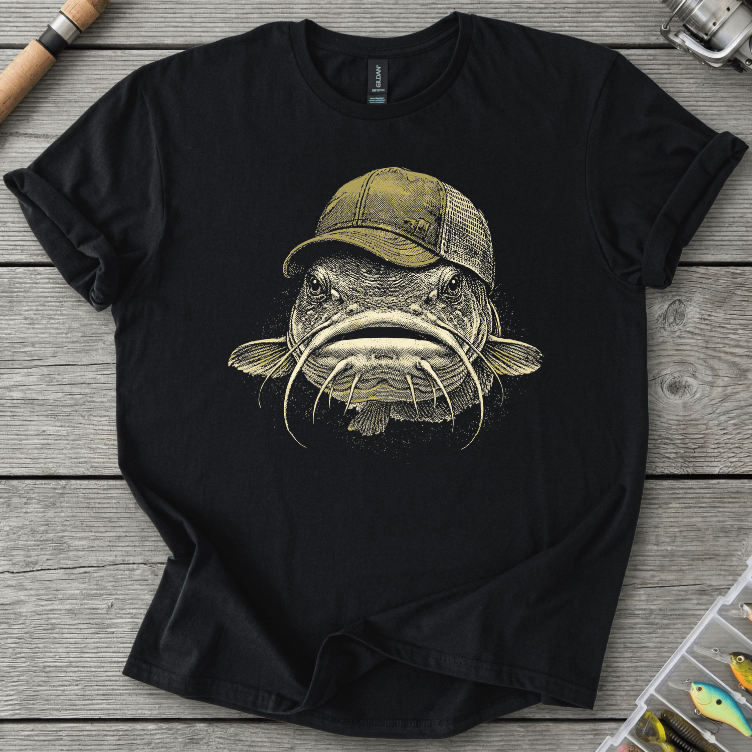 Trucker Catfish River Angler T-Shirt in Black | River Giants Club