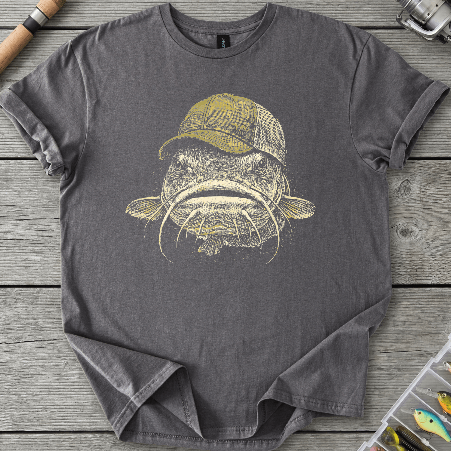 Trucker Catfish River Angler T-Shirt in Charcoal | River Giants Club