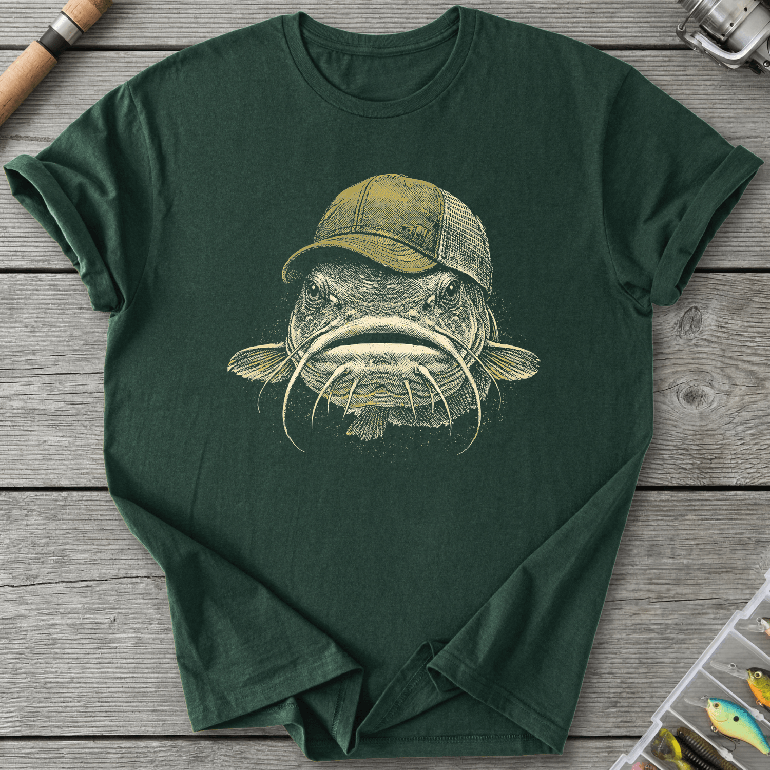 Trucker Catfish River Angler T-Shirt in Forest Green | River Giants Club