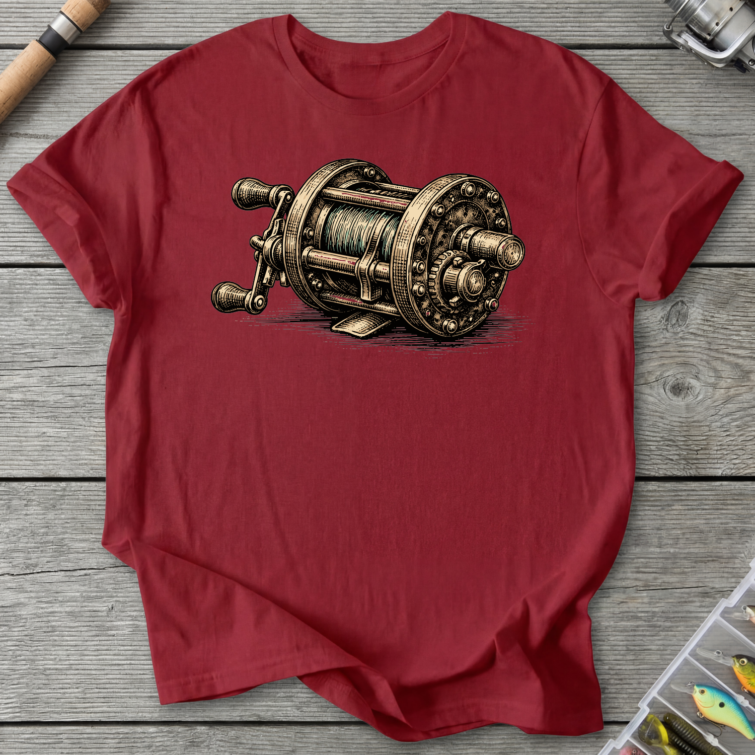 Vintage Fishing Reel T-Shirt in Antique Cherry Red | River Giants Club