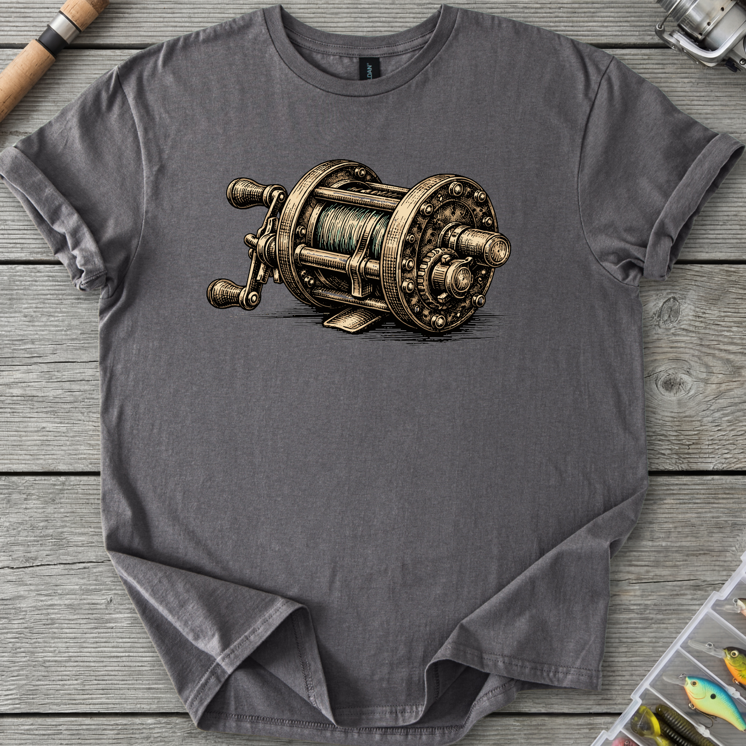 Vintage Fishing Reel T-Shirt in Charcoal | River Giants Club