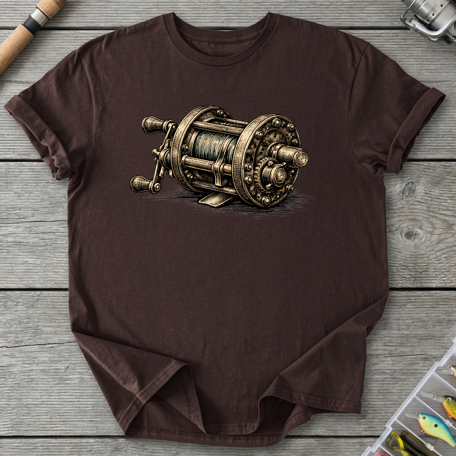Vintage Fishing Reel T-Shirt in Dark Chocolate | River Giants Club