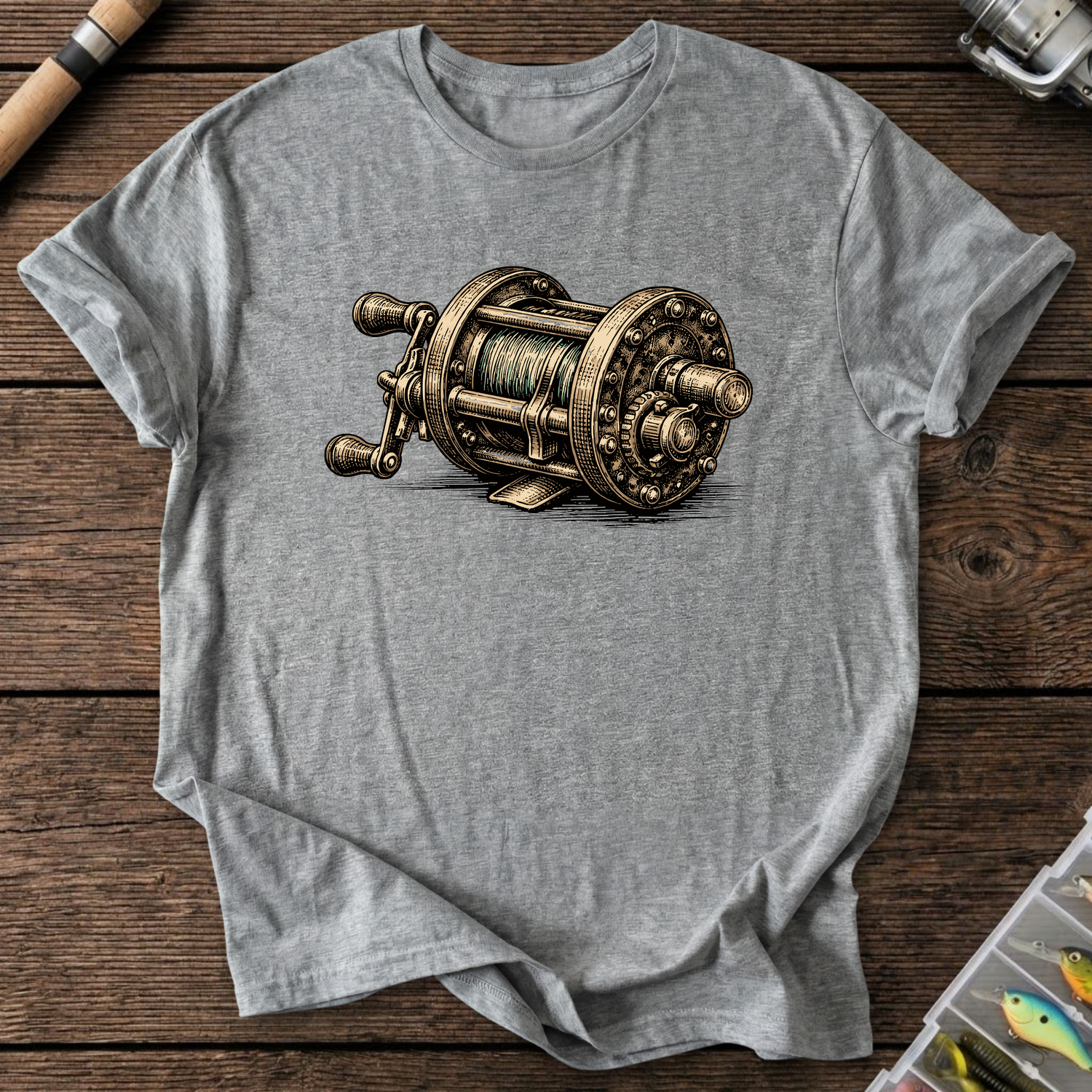 Vintage Fishing Reel T-Shirt in Graphite Heather | River Giants Club