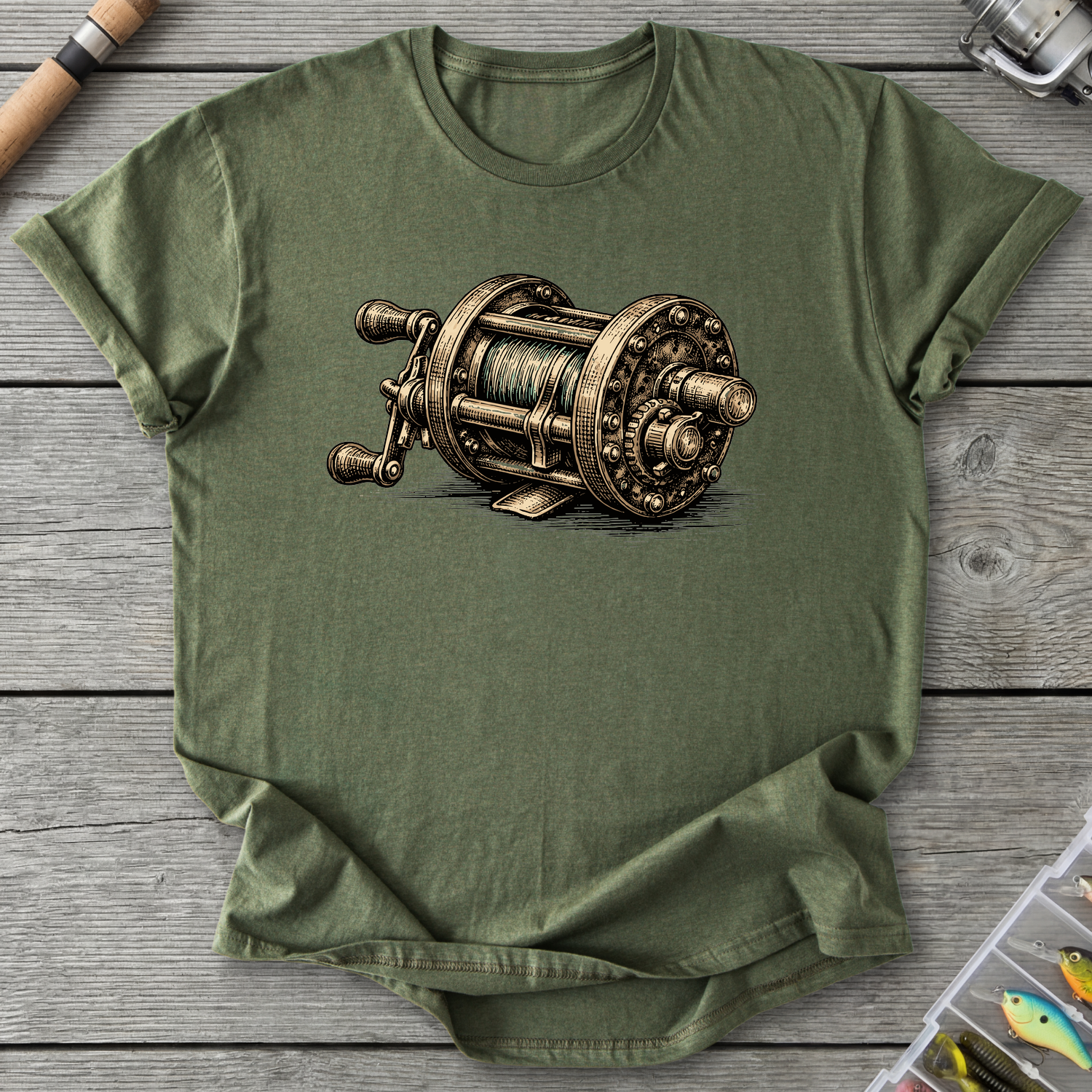 Vintage Fishing Reel T-Shirt in Military Green | River Giants Club