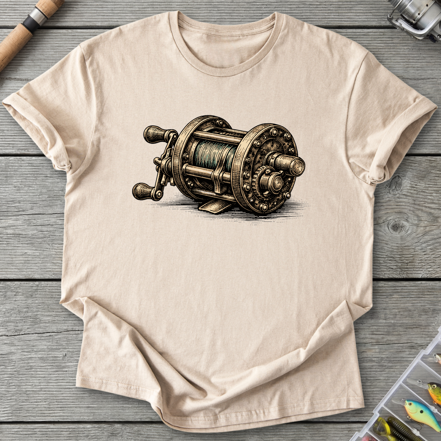 Vintage Fishing Reel T-Shirt in Sand | River Giants Club