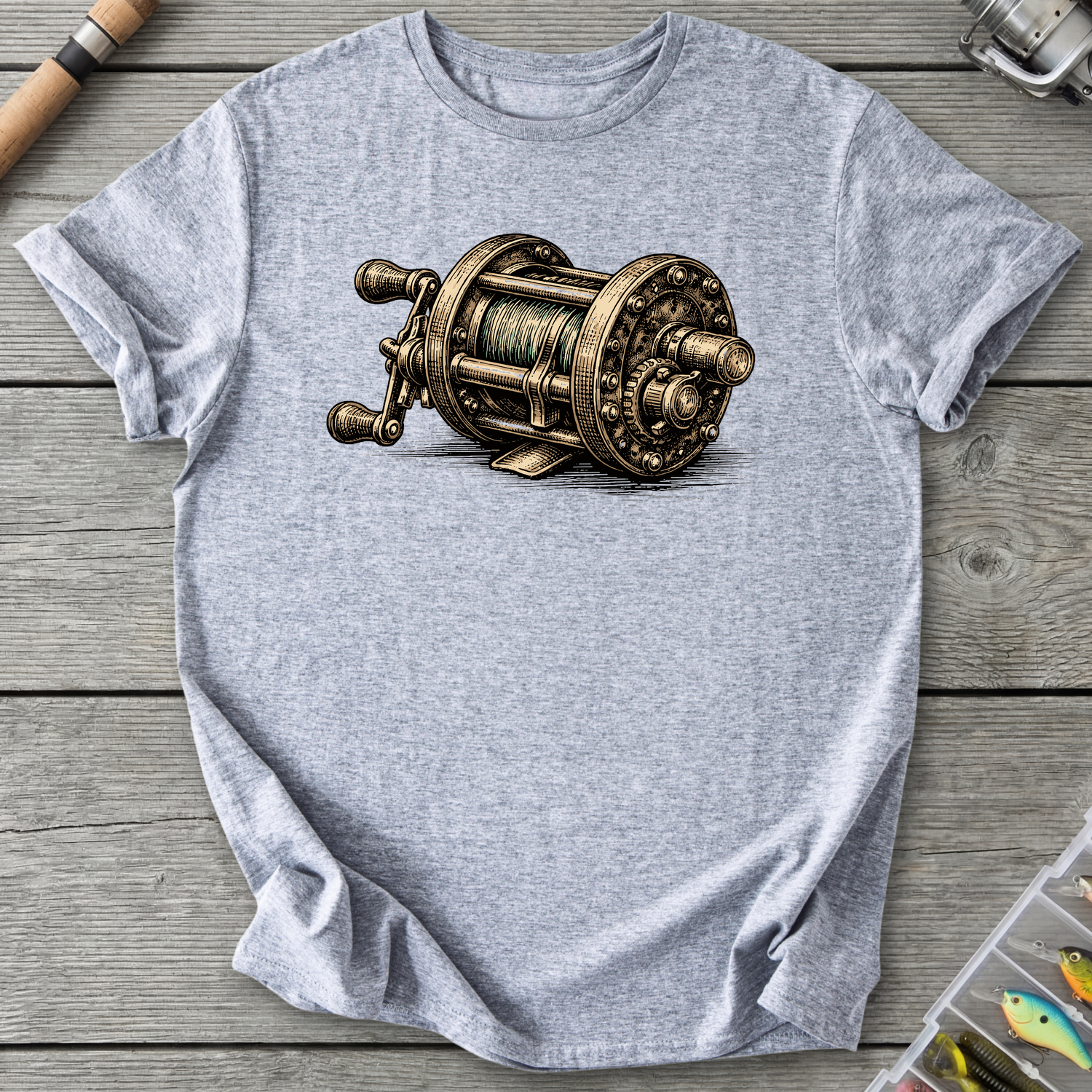 Vintage Fishing Reel T-Shirt in Sport Grey | River Giants Club