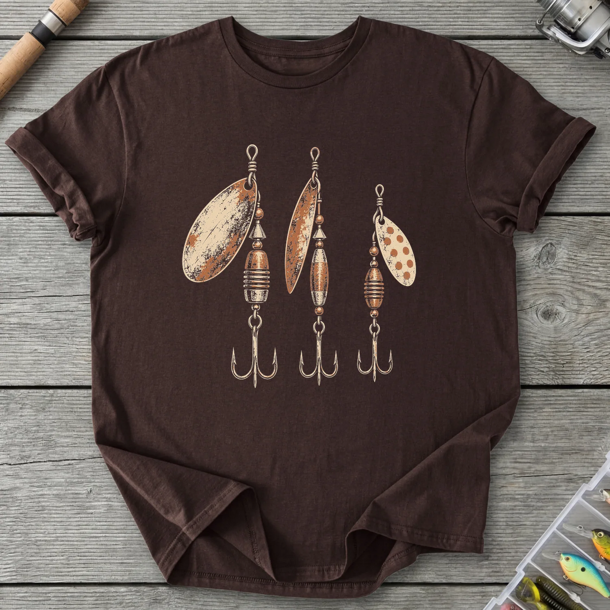 Vintage Fishing Spinners T-Shirt in Dark Chocolate | River Giants Club