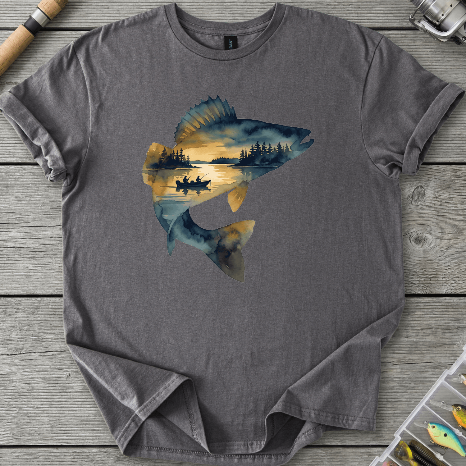 Walleye Fishing Silhouette T-Shirt in Charcoal | River Giants Club