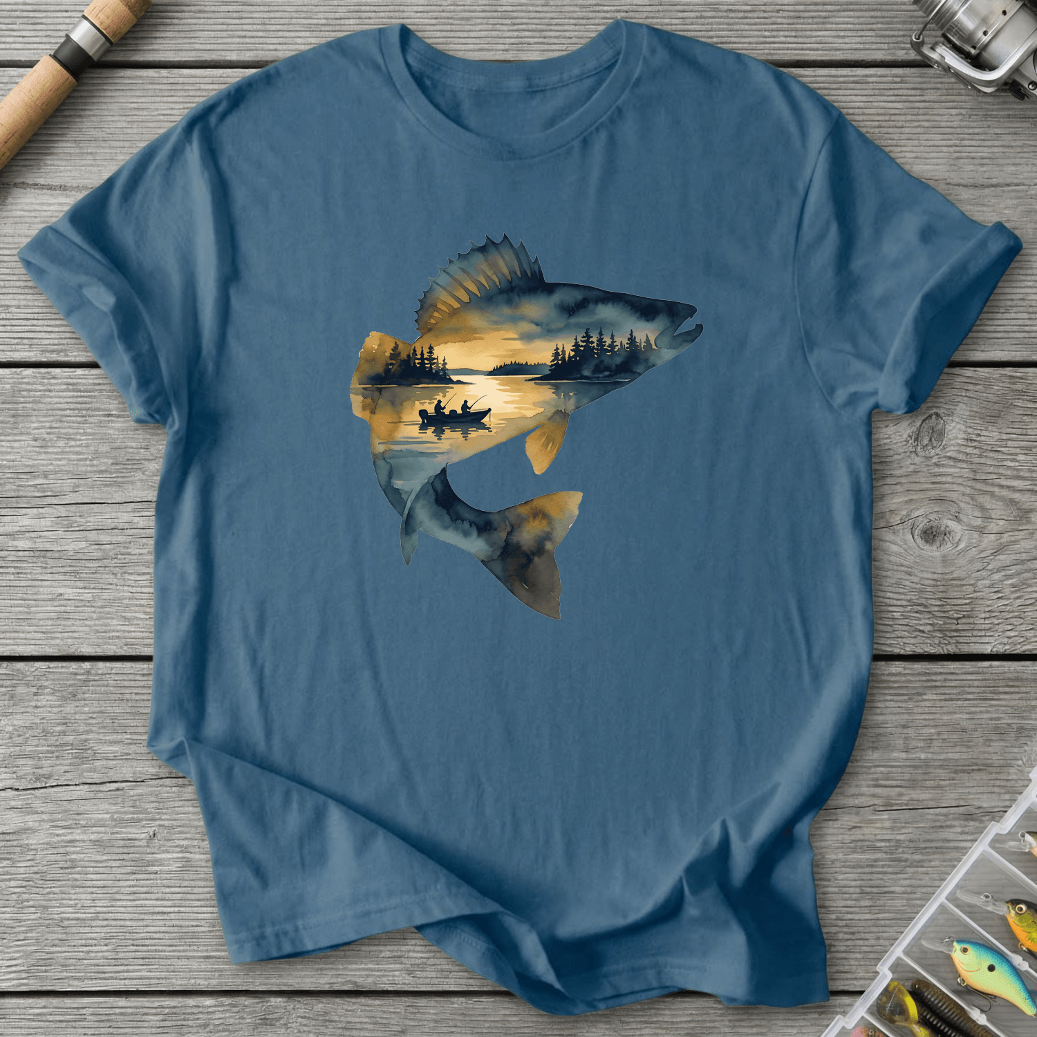 Walleye Fishing Silhouette T-Shirt in Indigo Blue | River Giants Club