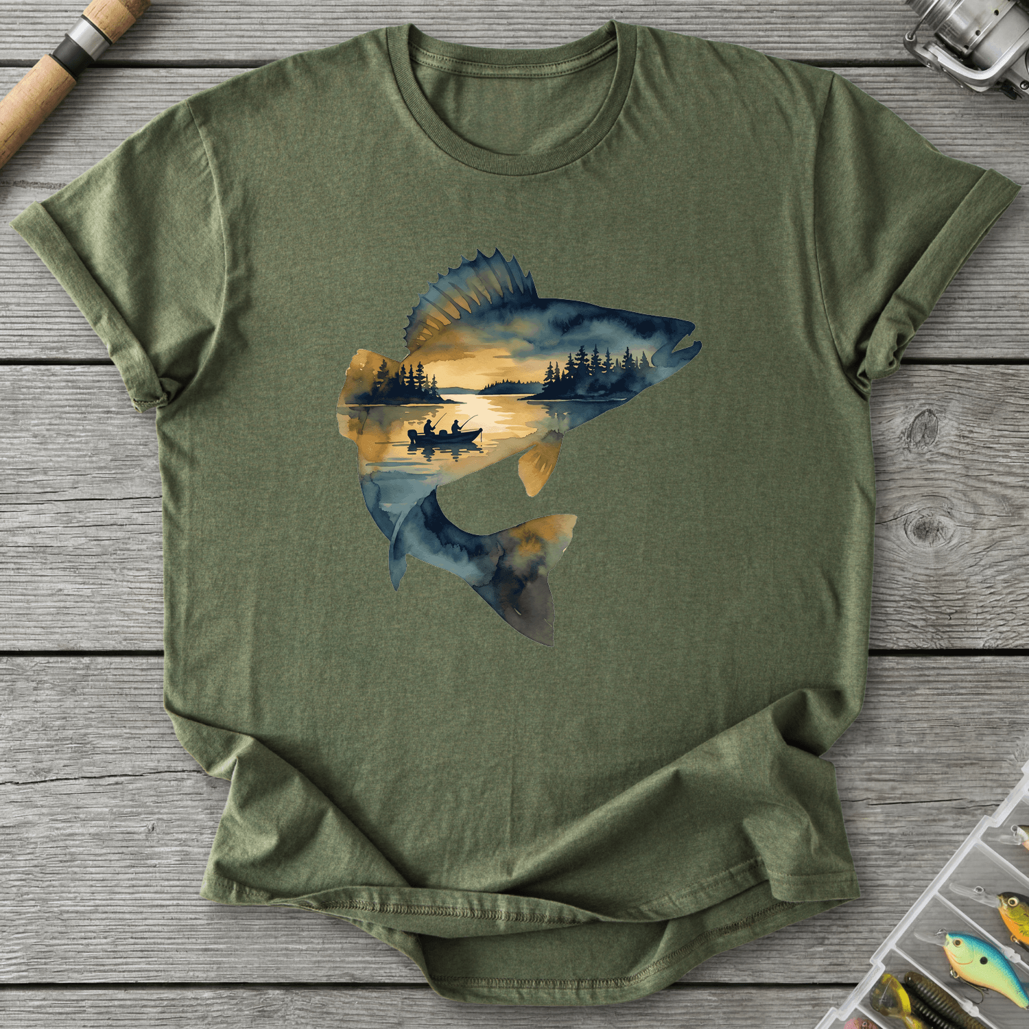 Walleye Fishing Silhouette T-Shirt in Military Green | River Giants Club