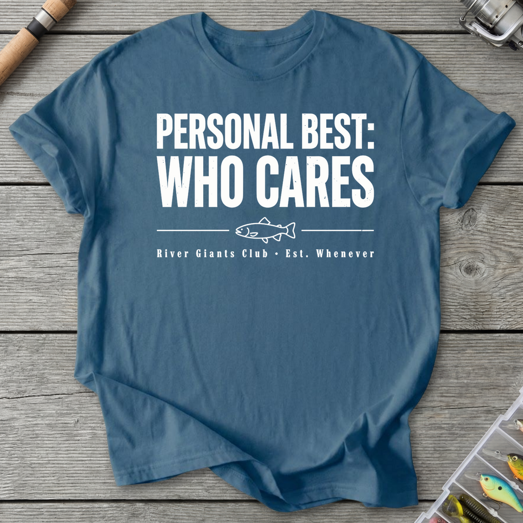 Who Cares Fishing Humor T-Shirt in Indigo Blue | River Giants Club
