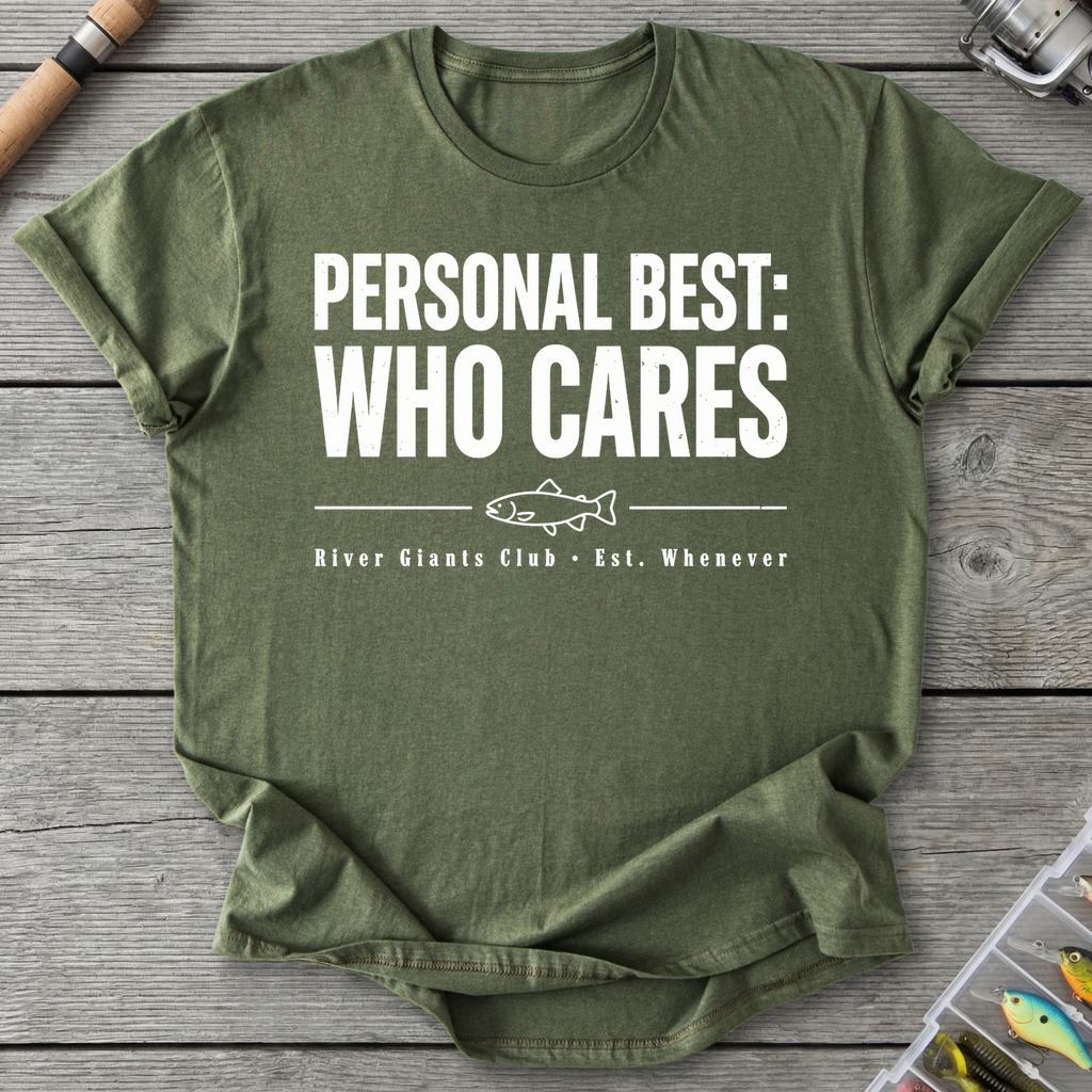 Who Cares Fishing Humor T-Shirt in Military Green | River Giants Club
