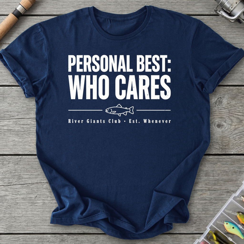 Who Cares Fishing Humor T-Shirt in Navy | River Giants Club