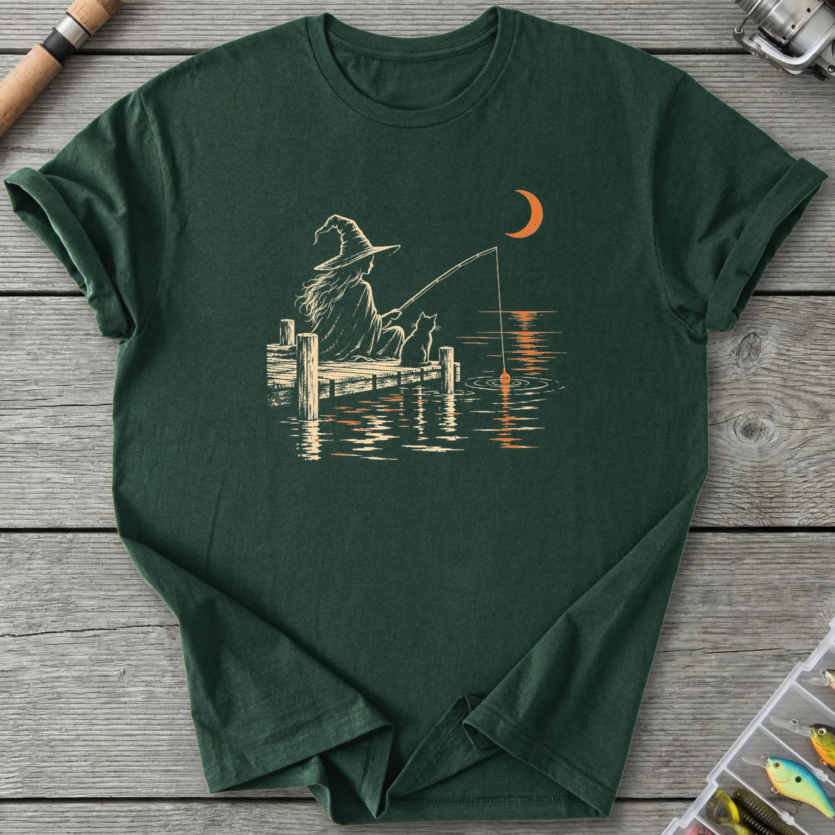 Witch and Cat Fishing T-Shirt in Forest Green | River Giants Club