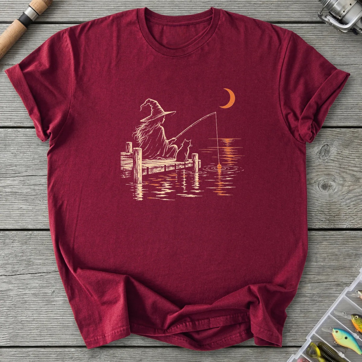 Witch and Cat Fishing T-Shirt in Maroon | River Giants Club