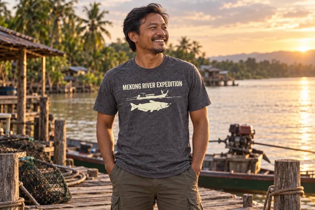 An angler wearing the Mekong River Expedition tee beside the water.