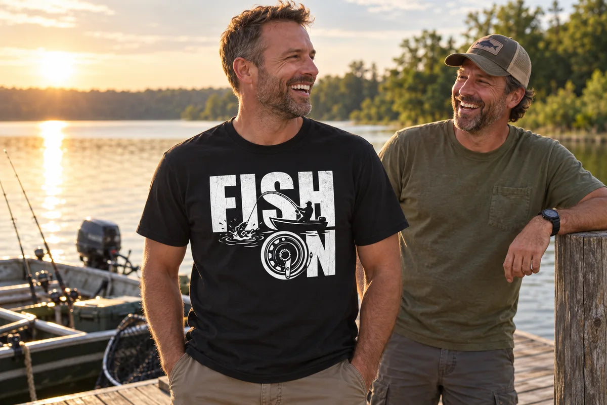 Fishing buddies on a dock, with the Fish On tee in black