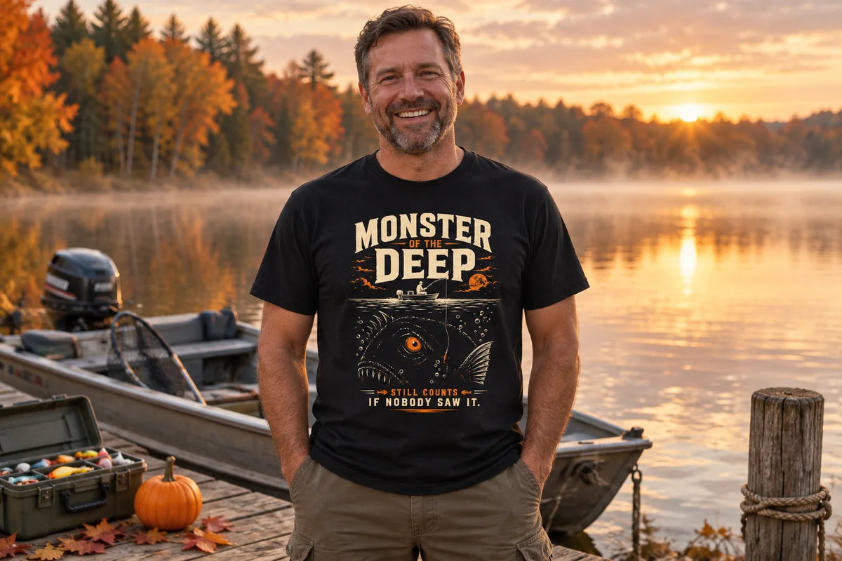 Angler wearing the Monster of the Deep fishing tee beside an autumn lake